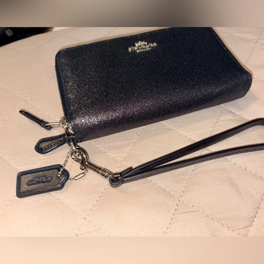 COACH Double Zip Wallet Wristlet in Black Glitter Resined Canvas - LIKE NEW - Picture 2 of 14